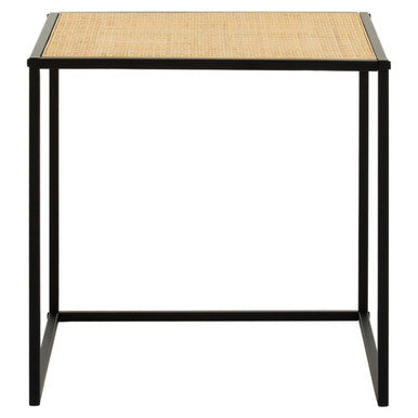Small side table with a rattan top and black metal frame on a white background
