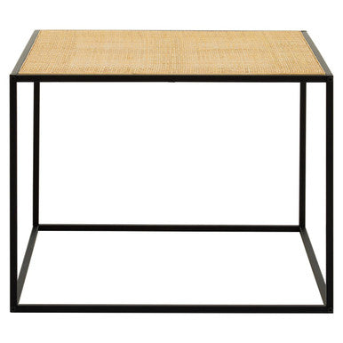 Small table with wicker top and black metal frame on a white background