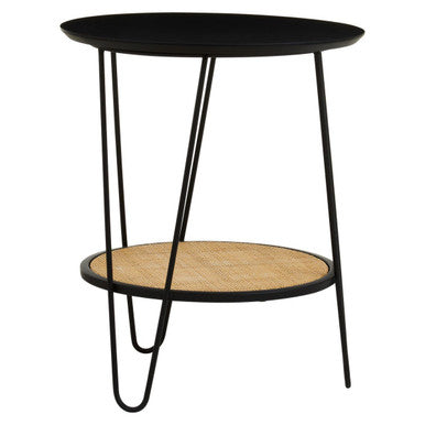 Natural Rattan Top Side Table with Lower Shelf and Black Metal Hairpin Legs, Depok