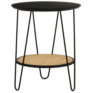 Natural Rattan Top Side Table with Lower Shelf and Black Metal Hairpin Legs, Depok