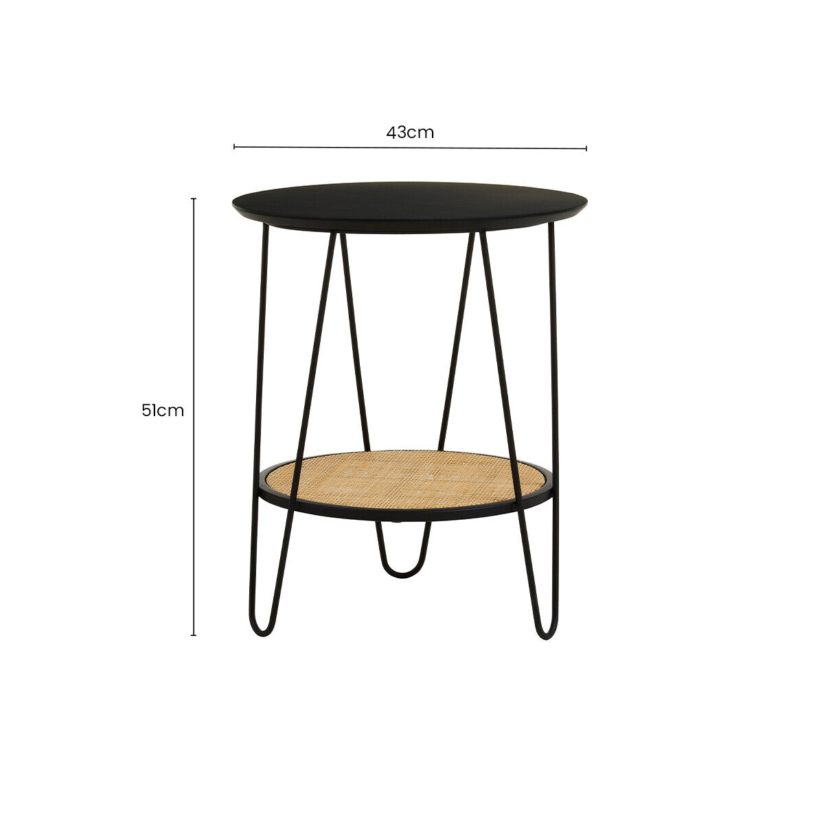 Natural Rattan Top Side Table with Lower Shelf and Black Metal Hairpin Legs, Depok