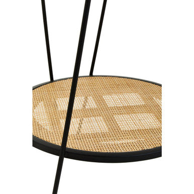 Natural Rattan Top Side Table with Lower Shelf and Black Metal Hairpin Legs, Depok