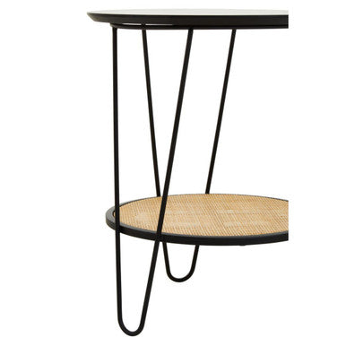 Natural Rattan Top Side Table with Lower Shelf and Black Metal Hairpin Legs, Depok
