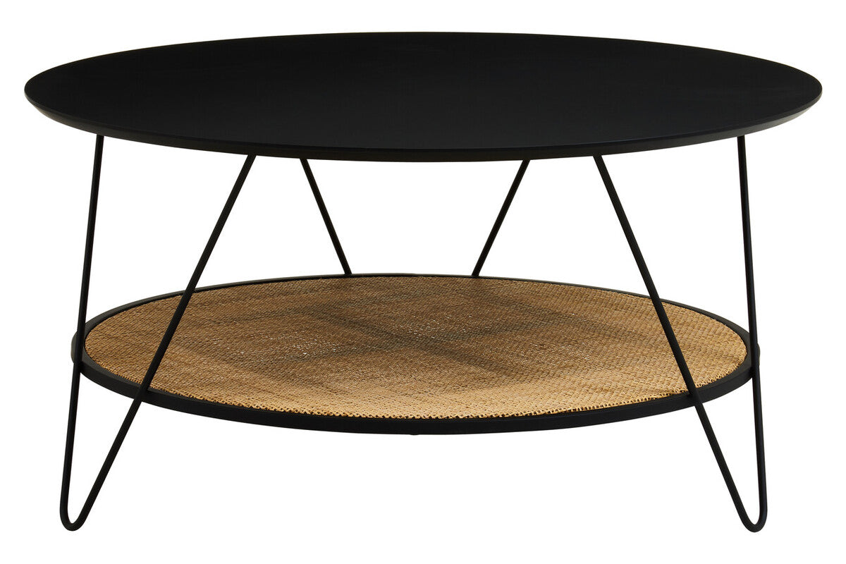 Round coffee table with black metal frame and woven shelf on a white background