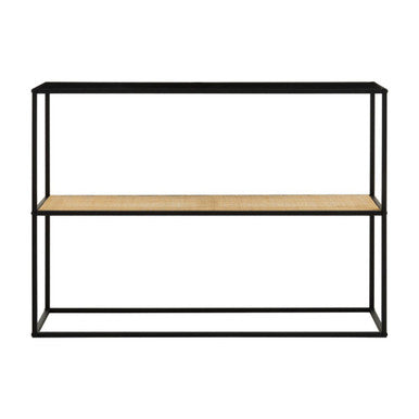 Black Metal Frame 2-Tier Console Table with Natural Rattan Shelving, Depok