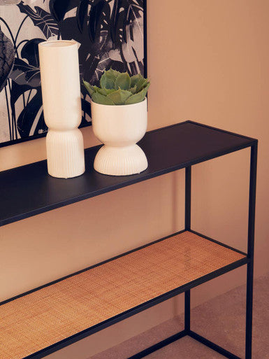 Black Metal Frame 2-Tier Console Table with Natural Rattan Shelving, Depok