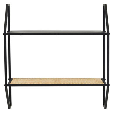 Black metal bookshelf with a natural wood shelf on a white background