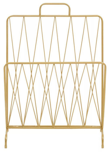 Gold metal magazine rack with geometric design on a white background
