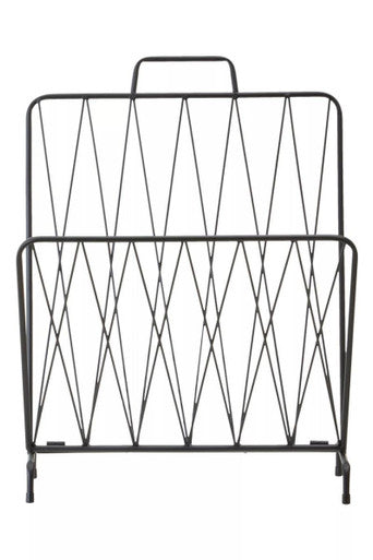 Black metal magazine rack with geometric design on a white background