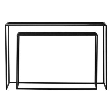 Black metal console table on a white background