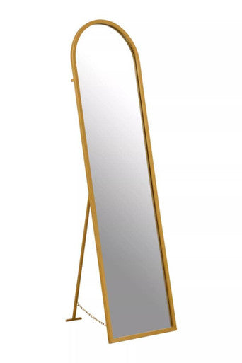 Gold-framed standing mirror on a white background