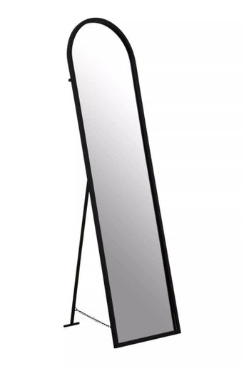 Black-framed standing mirror on a white background