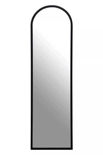 Long, narrow mirror with a black frame on a white background