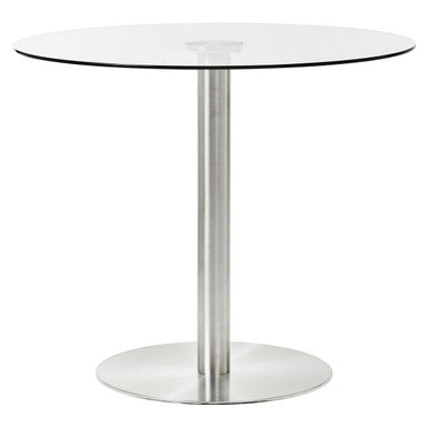 Round glass table with metal base on a white background