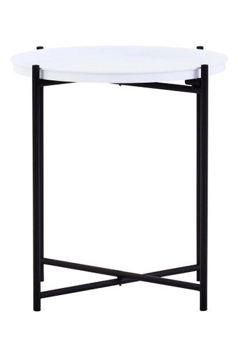 Round White Top Side Table with Black Iron Lattice Base | Trosa