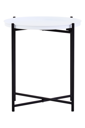 Small round table with a white top and black metal frame on a white background