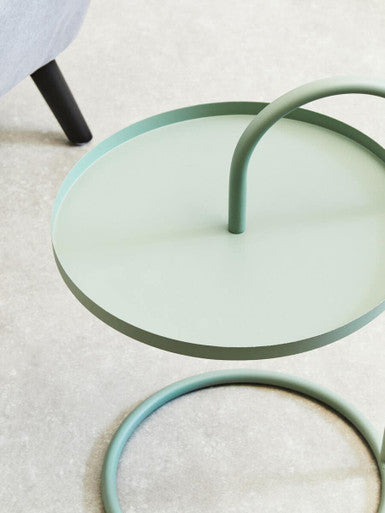 Green Round Top Side Table with Grey Finish Iron Hanging Frame, Trosa