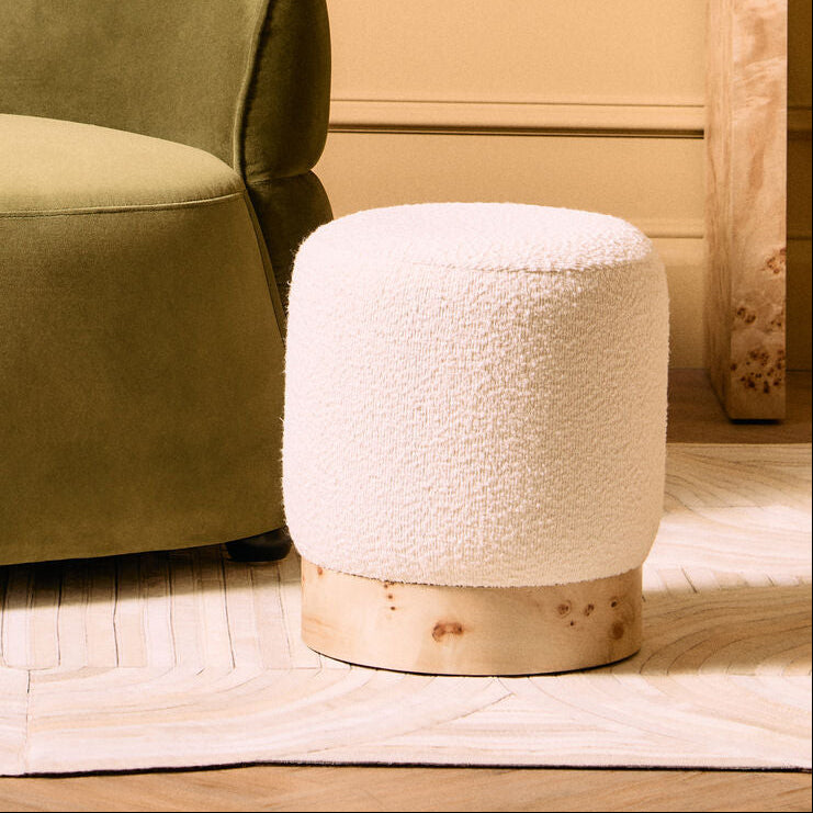 Mota Burl Wood And Cream Boucle Round Stool - Image 1