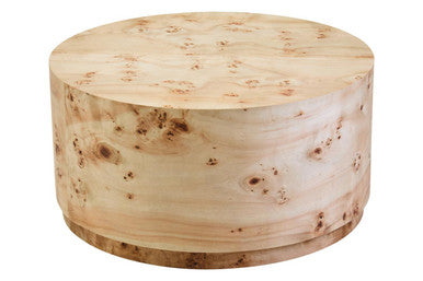 Wooden cylindrical ottoman on a white background
