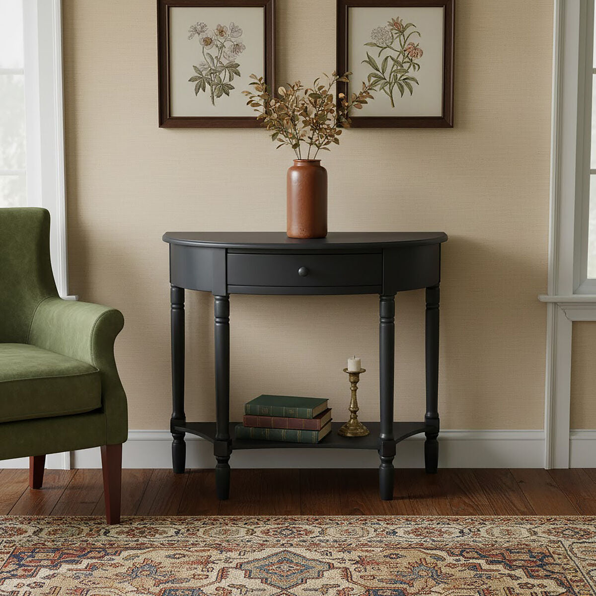 Heritage Black Pine Wood Half Moon Console Table with Drawer