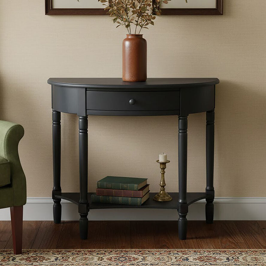 Heritage Black Pine Wood Half Moon Console Table with Drawer - Image 1