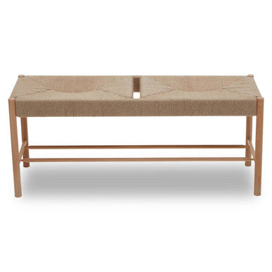 Beige bench with woven seat on a white background