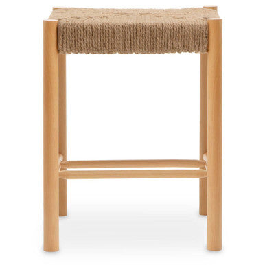 Wooden stool with woven seat on a white background
