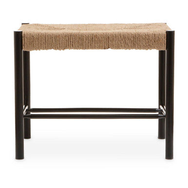 Stool with woven top and black metal frame on a white background