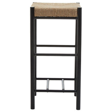 Bar stool with woven seat on a white background