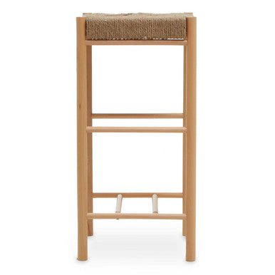 Wooden bar stool with woven seat on a white background