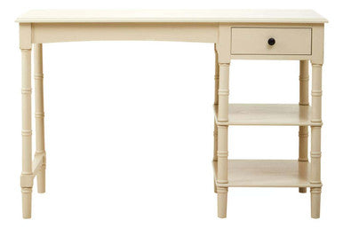 Beige desk with a drawer and shelves on a white background