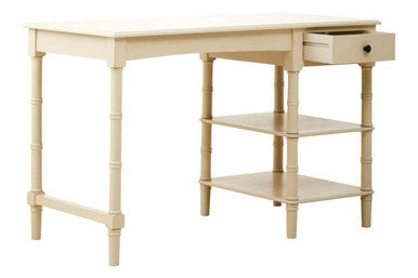 Light wood desk with a shelf on a white background