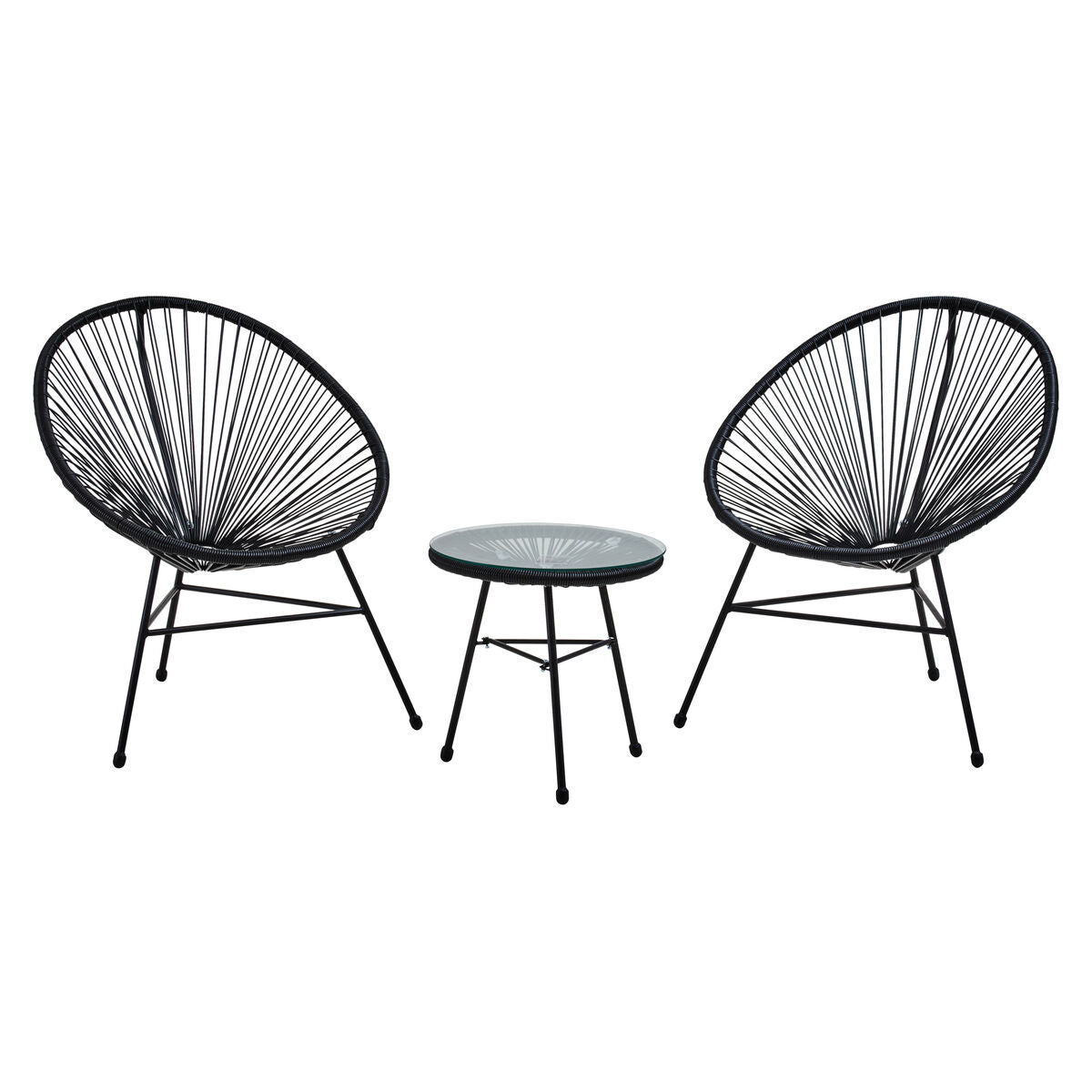 Two black wireframe chairs with a matching round table on a white background