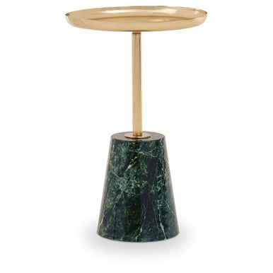 Side table with gold top and green marble base on a white background