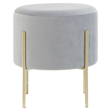 Gray upholstered stool with gold legs on a white background