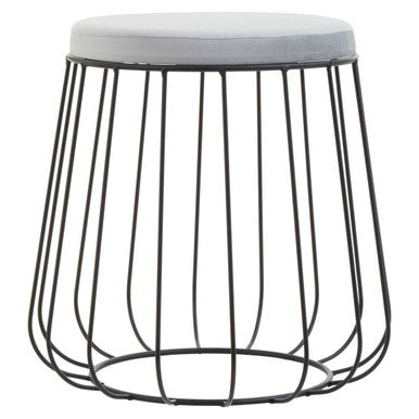 Black wire stool with a white cushion on a white background