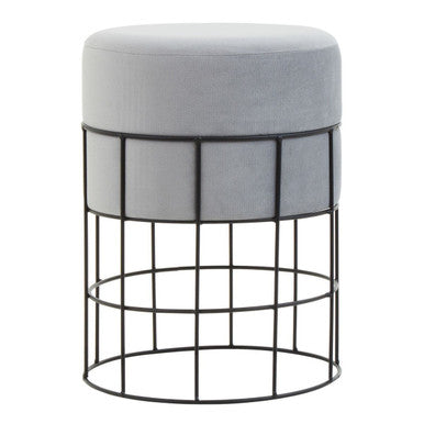 Gray cushioned stool with a black metal wire frame on a white background