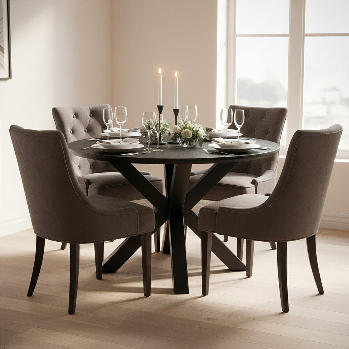 Salford Black Wood Veneer Round Dining Table With Metal Legs