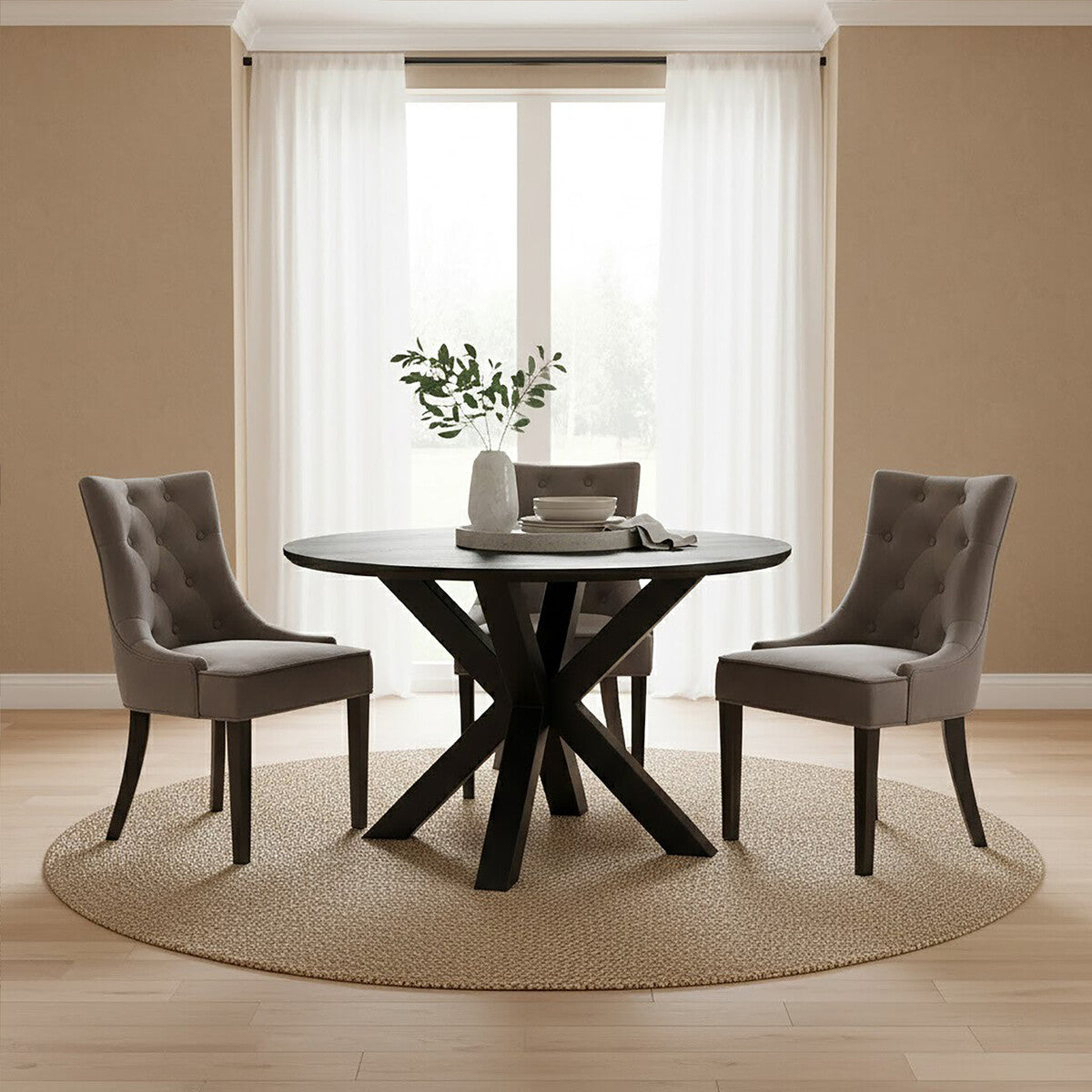 Salford Black Wood Veneer Round Dining Table With Metal Legs
