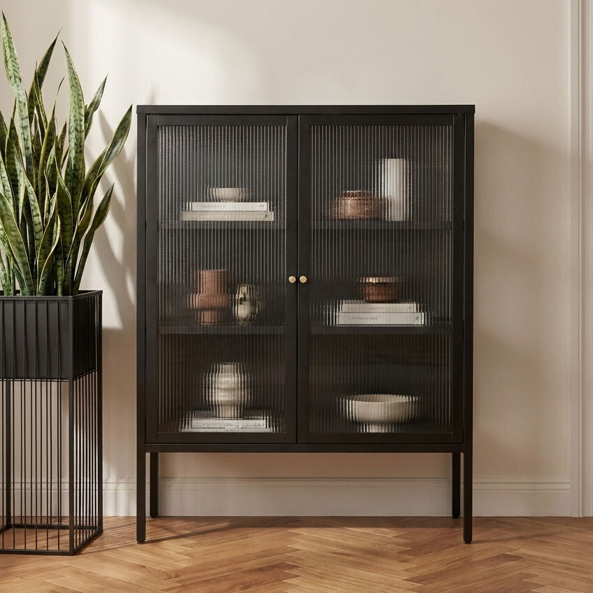 Black Metal and Fluted Glass Door Cabinet | Addison