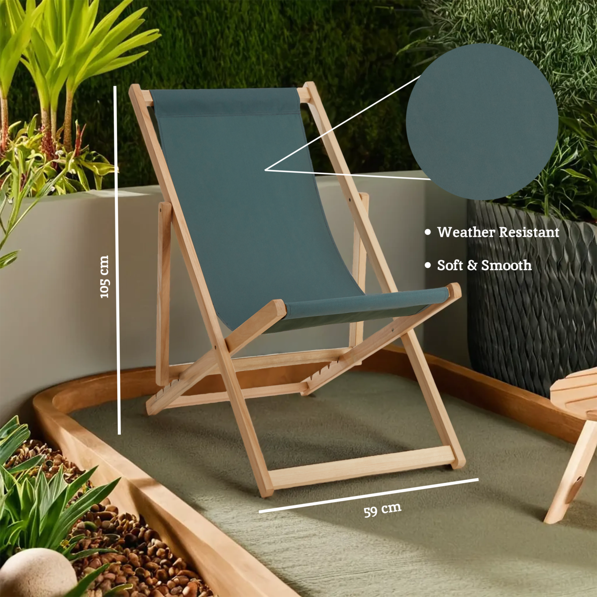 Green deck chair with measurements and text on a green surface with plants.
