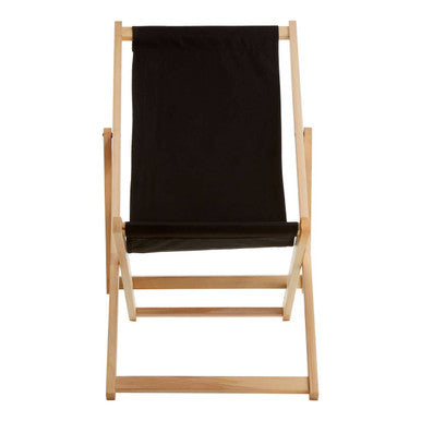 Wooden deck chair with black fabric on a white background