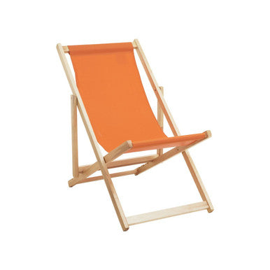 Orange deck chair with wooden frame on a white background