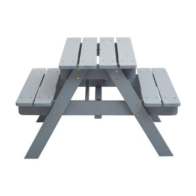 Gray picnic table with four bench seats on a white background