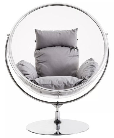 Clear bubble chair with gray cushions on a white background