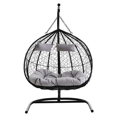 Black hanging egg chair with gray cushion on a white background