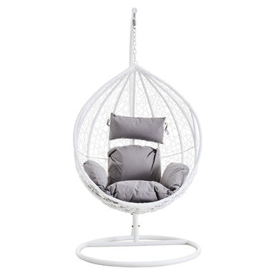 White hanging chair with gray cushions on a white background