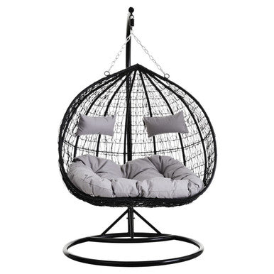 Black wicker hanging chair with gray cushions on a white background