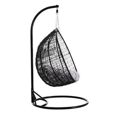 Goa Black Rattan Effect Double Hanging Chair With Grey Cushions