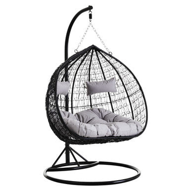 Goa Black Rattan Effect Double Hanging Chair With Grey Cushions
